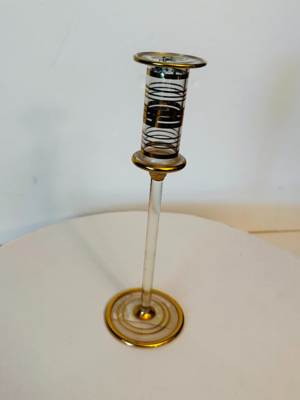Vtg Blown Glass Egyptian 7.5" Candlestick 24k Gold Gilded Bands Holder